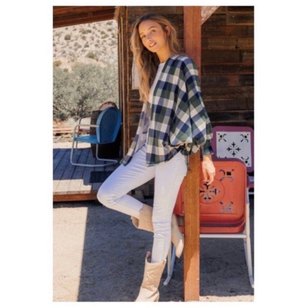 New Fall  Green,Navy, Ivory Checkered Plaid Lightweight Open Cardigan/Kimono - Picture 6 of 6